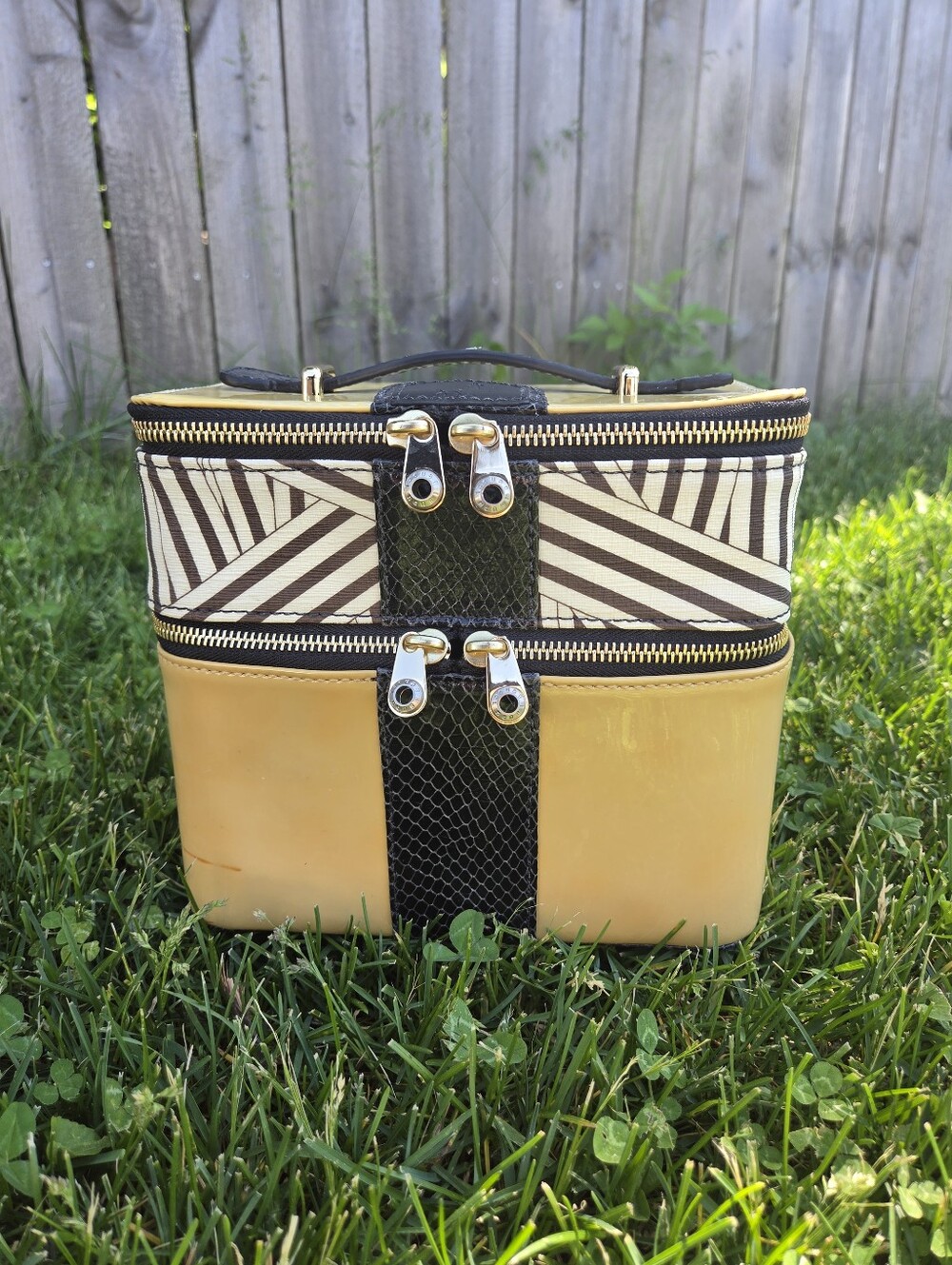 Henri Bendel Disturbed Stripes Train Case Yellow Patent Vanity Travel Bag